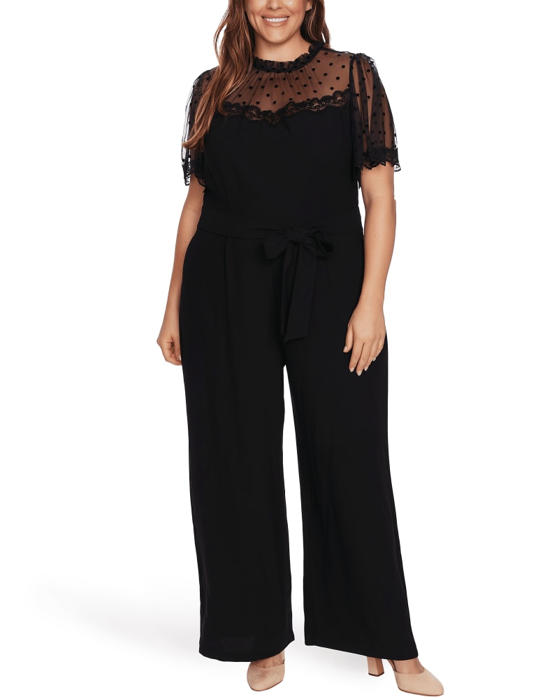 Front of a model wearing a size 12 Lucia Mesh Lace Jumpsuit in 060-RICH BLACK by CeCe. | dia_product_style_image_id:263665
